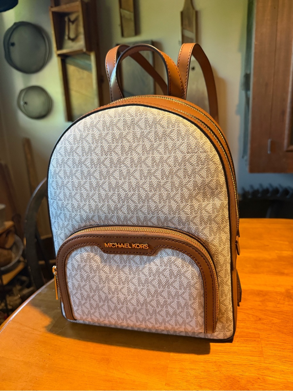 NWT Michael Kors MK Beige and Brown Signature Mini Backpack